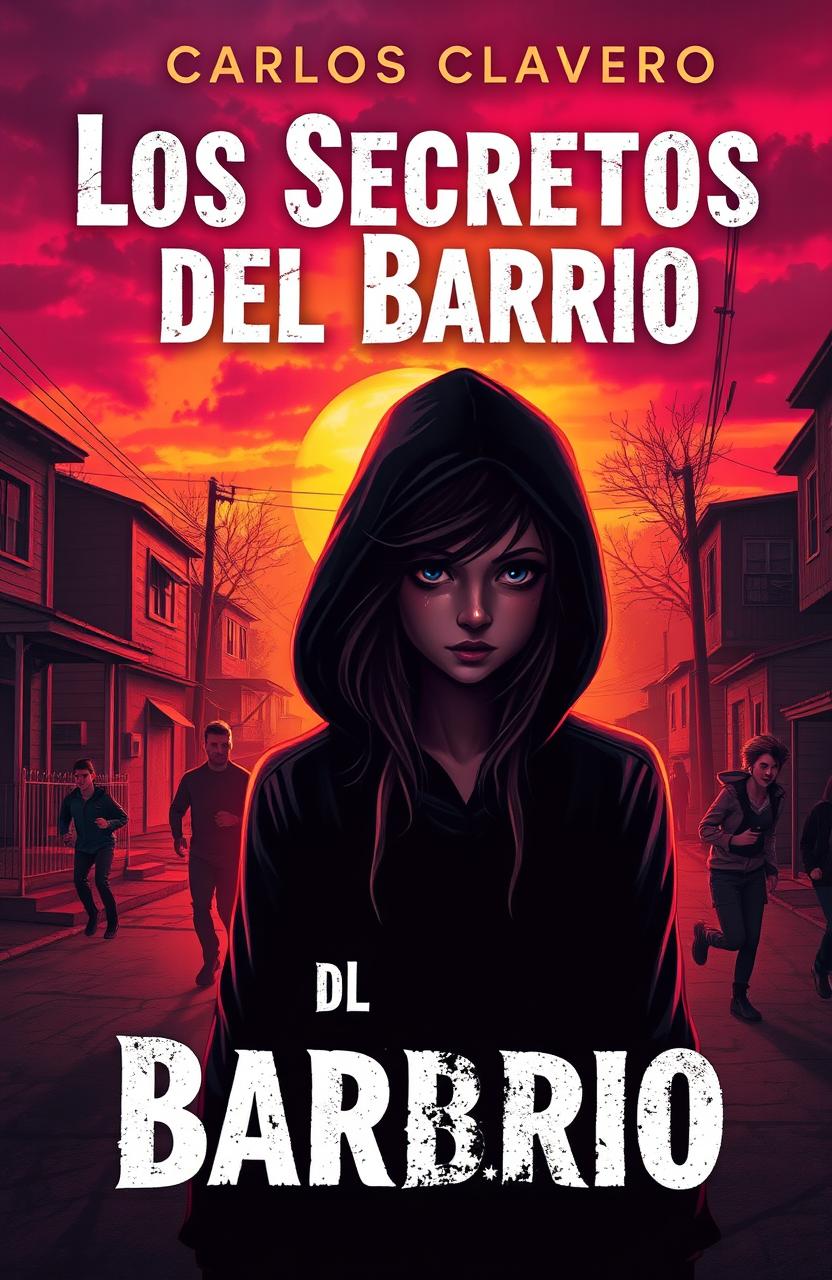 A captivating book cover design for 'Los Secretos del Barrio' by Carlos Clavero