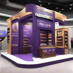 Design a 240x160x150 cm Cadbury stand, merging smart design with Ramadan allure. The stand should display Islamic-inspired shapes, glass panels, soft lighting, and shelves embellished with Ramadan lanterns, representing an innovative and indulgent chocolate experience.