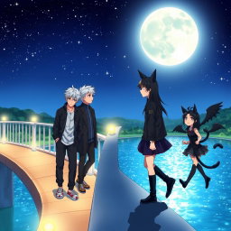 On a beautifully lit bridge at night, five anime-style brothers, all around twenty years old, stroll and gaze at the sparkling lake beneath them