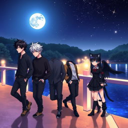 On a beautifully lit bridge at night, five anime-style brothers, all around twenty years old, stroll and gaze at the sparkling lake beneath them
