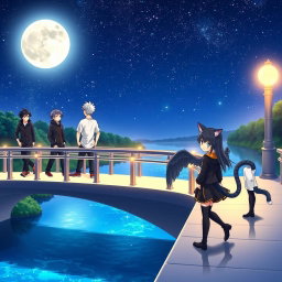 On a beautifully lit bridge at night, five anime-style brothers, all around twenty years old, stroll and gaze at the sparkling lake beneath them