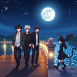 On a beautifully lit bridge at night, five anime-style brothers, all around twenty years old, stroll and gaze at the sparkling lake beneath them