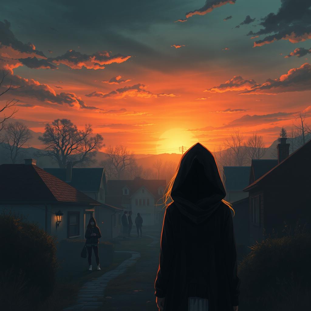 A captivating book cover illustration featuring a stunning sunset casting warm hues across a mysterious neighborhood