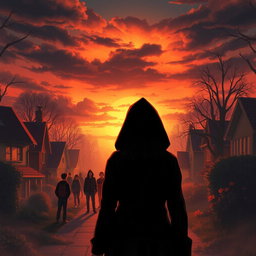 A captivating book cover illustration featuring a stunning sunset casting warm hues across a mysterious neighborhood