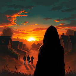 A captivating book cover illustration featuring a stunning sunset casting warm hues across a mysterious neighborhood