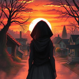 A captivating book cover illustration featuring a stunning sunset casting warm hues across a mysterious neighborhood