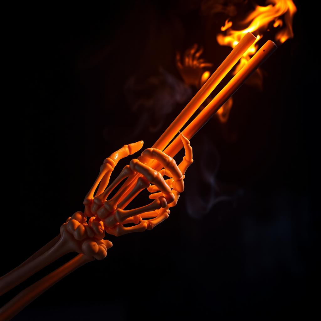 A detailed and eerie skeleton hand gripping flaming drumsticks, surrounded by dark shadows and ghostly smoke