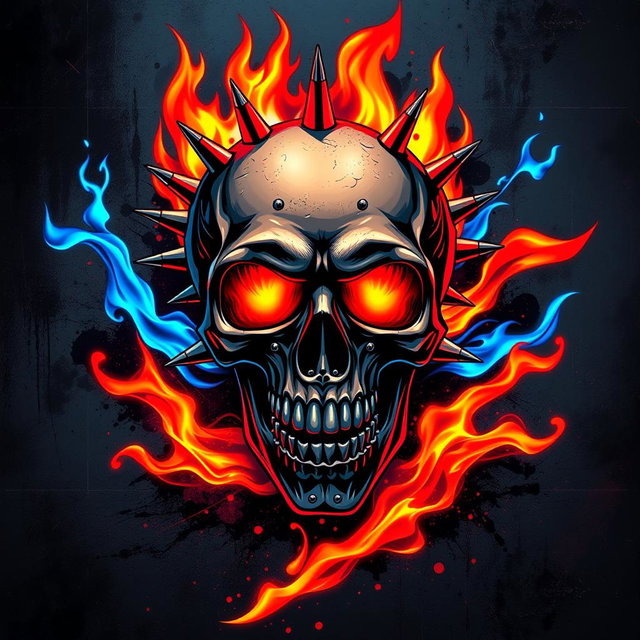 A striking image of a skull-themed punk rock design, featuring vibrant fire elements incorporated into the composition