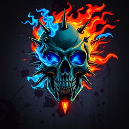 A striking image of a skull-themed punk rock design, featuring vibrant fire elements incorporated into the composition