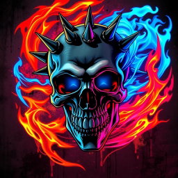 A striking image of a skull-themed punk rock design, featuring vibrant fire elements incorporated into the composition