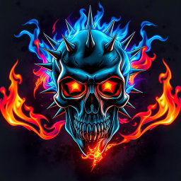 A striking image of a skull-themed punk rock design, featuring vibrant fire elements incorporated into the composition