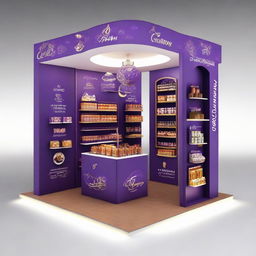 Design a 240x160x150 cm Cadbury stand, merging smart design with Ramadan allure. The stand should display Islamic-inspired shapes, glass panels, soft lighting, and shelves embellished with Ramadan lanterns, representing an innovative and indulgent chocolate experience.