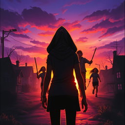A captivating book cover featuring a vibrant sunset casting an orange and purple glow over a mysterious neighborhood