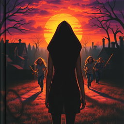 A captivating book cover featuring a vibrant sunset casting an orange and purple glow over a mysterious neighborhood