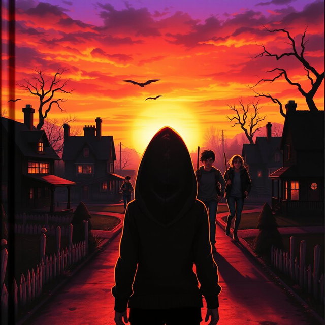 A captivating book cover featuring a vibrant sunset casting an orange and purple glow over a mysterious neighborhood
