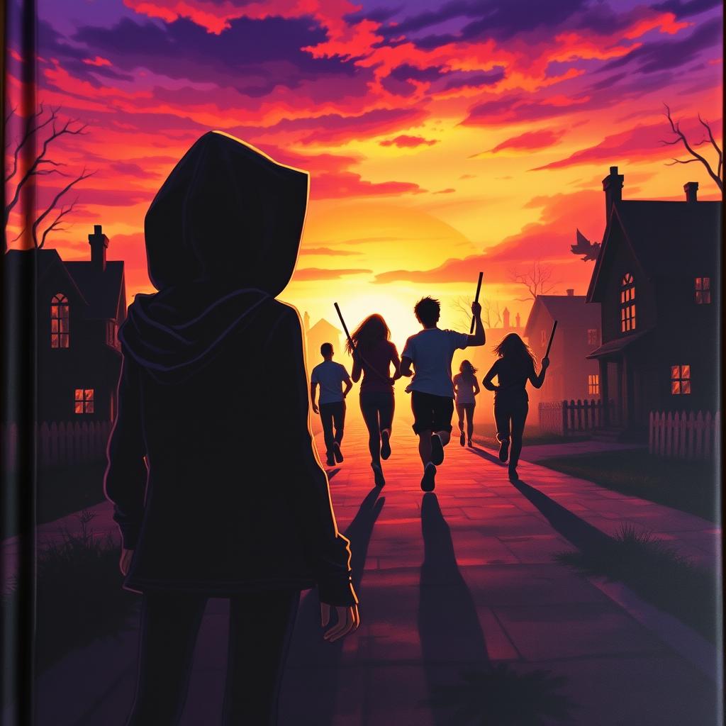 A captivating book cover featuring a vibrant sunset casting an orange and purple glow over a mysterious neighborhood