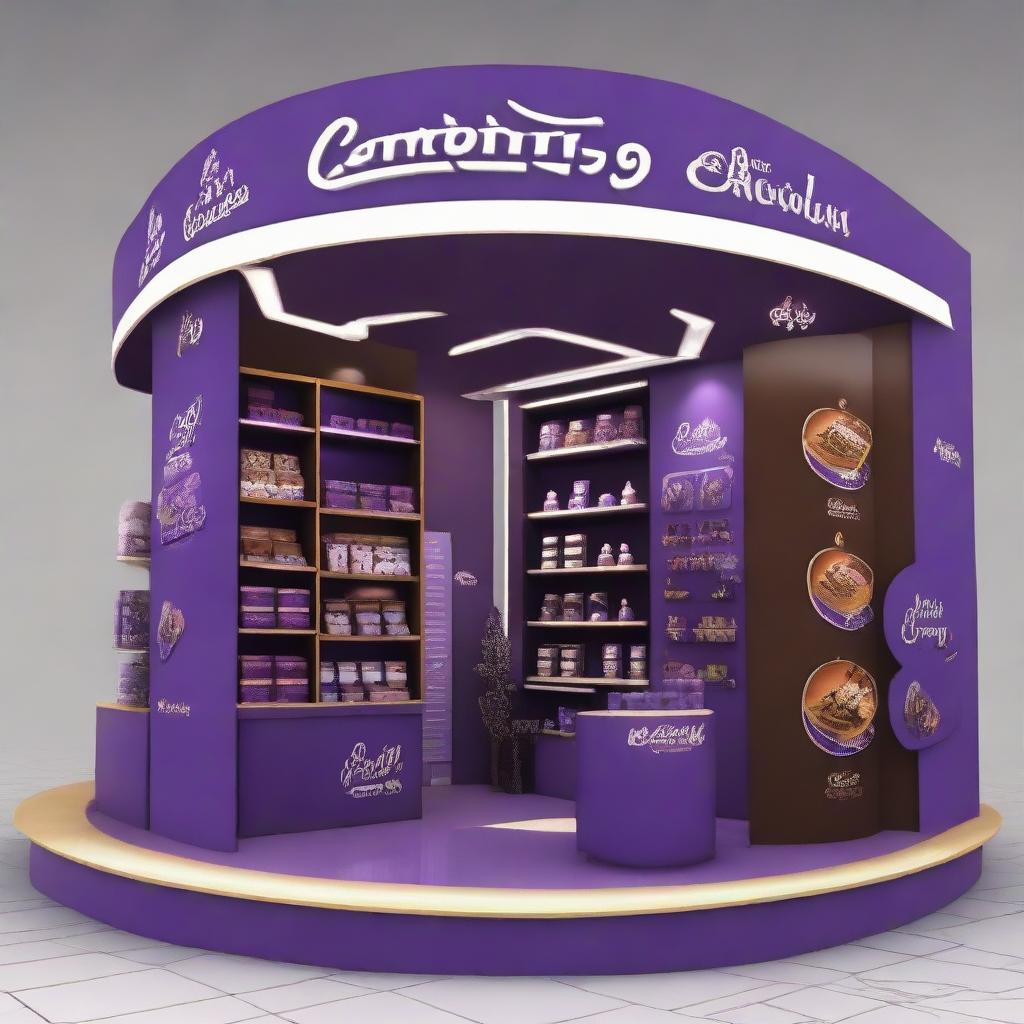 Design a 240x160x150 cm Cadbury stand, merging smart design with Ramadan allure. The stand should display Islamic-inspired shapes, glass panels, soft lighting, and shelves embellished with Ramadan lanterns, representing an innovative and indulgent chocolate experience.