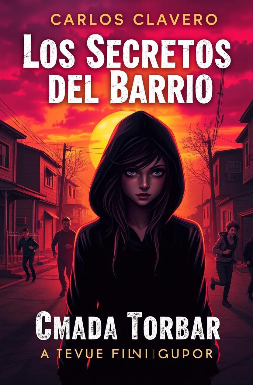 A dramatic book cover design featuring a vibrant sunset over a mysterious neighborhood