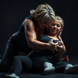 An intense scene featuring a powerful and dominant 53-year-old woman dressed in sleek leather clothing with a low-cut neckline, pinning an 18-year-old girl in sports leggings and a tank top forcefully to the ground