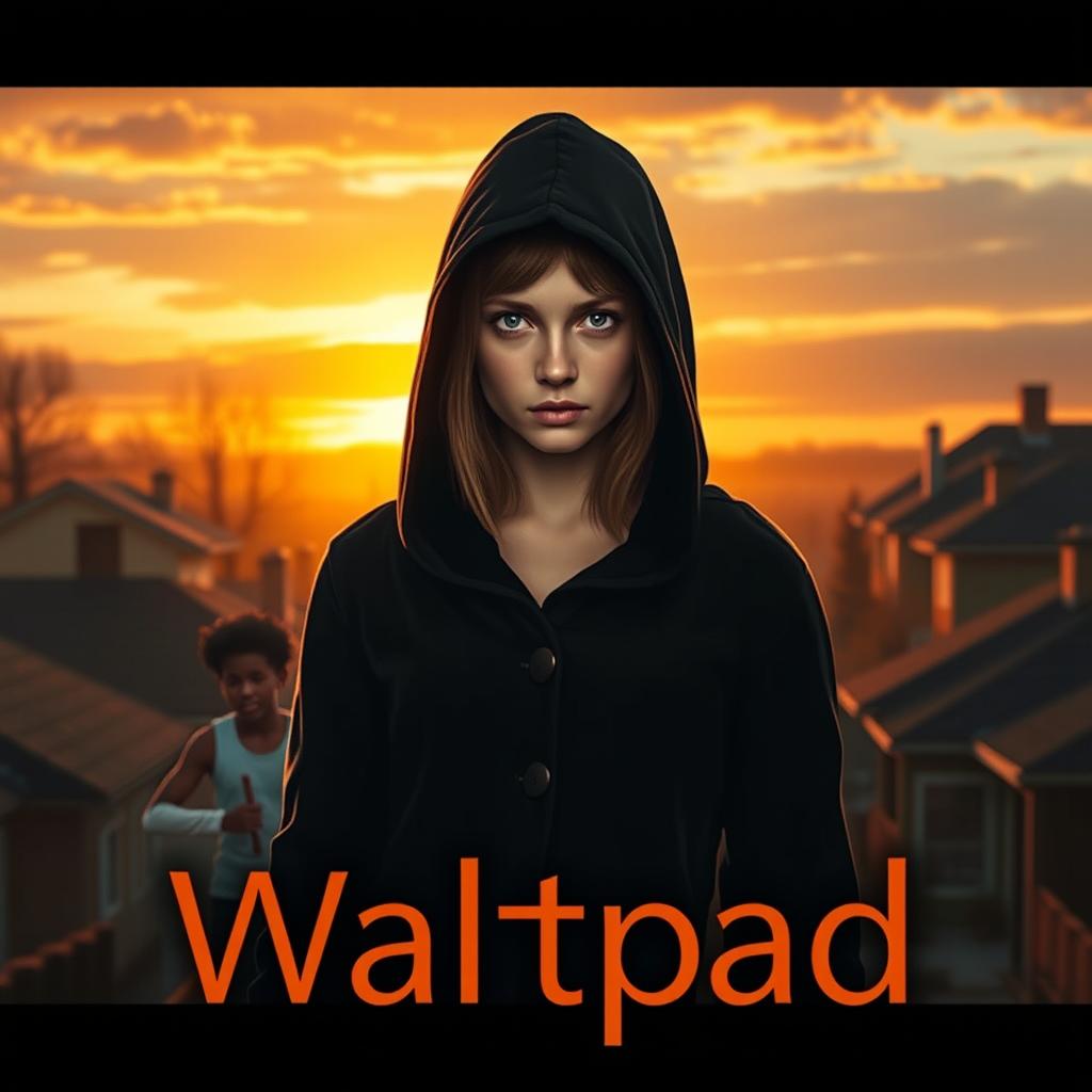 A captivating book cover for Wattpad featuring a mysterious girl cloaked in a dark hood, standing confidently at sunset in an enigmatic neighborhood