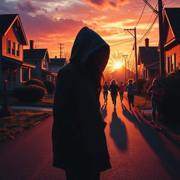 A captivating book cover featuring a mysterious girl wearing a hood standing in a sunset-lit neighborhood