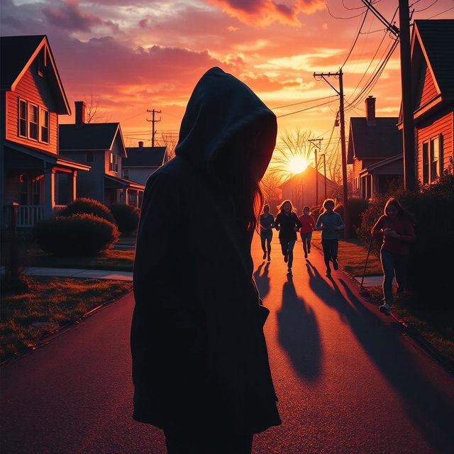 A captivating book cover featuring a mysterious girl wearing a hood standing in a sunset-lit neighborhood