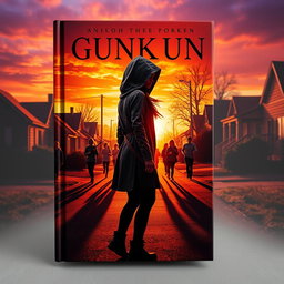 A captivating book cover featuring a mysterious girl wearing a hood standing in a sunset-lit neighborhood