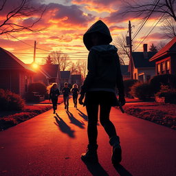 A captivating book cover featuring a mysterious girl wearing a hood standing in a sunset-lit neighborhood