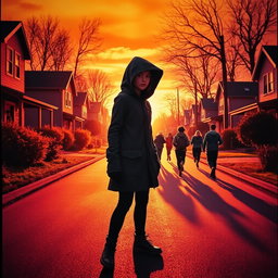 A captivating book cover featuring a mysterious girl wearing a hood standing in a sunset-lit neighborhood