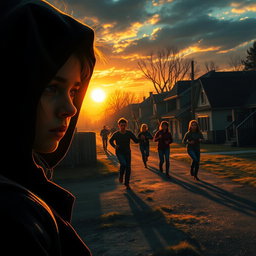 A captivating book cover featuring a sunset casting warm, golden hues over a mysterious neighborhood