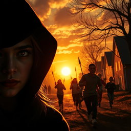 A captivating book cover featuring a sunset casting warm, golden hues over a mysterious neighborhood