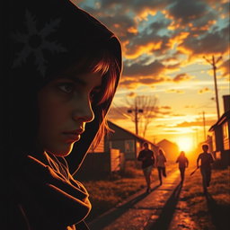 A captivating book cover featuring a sunset casting warm, golden hues over a mysterious neighborhood