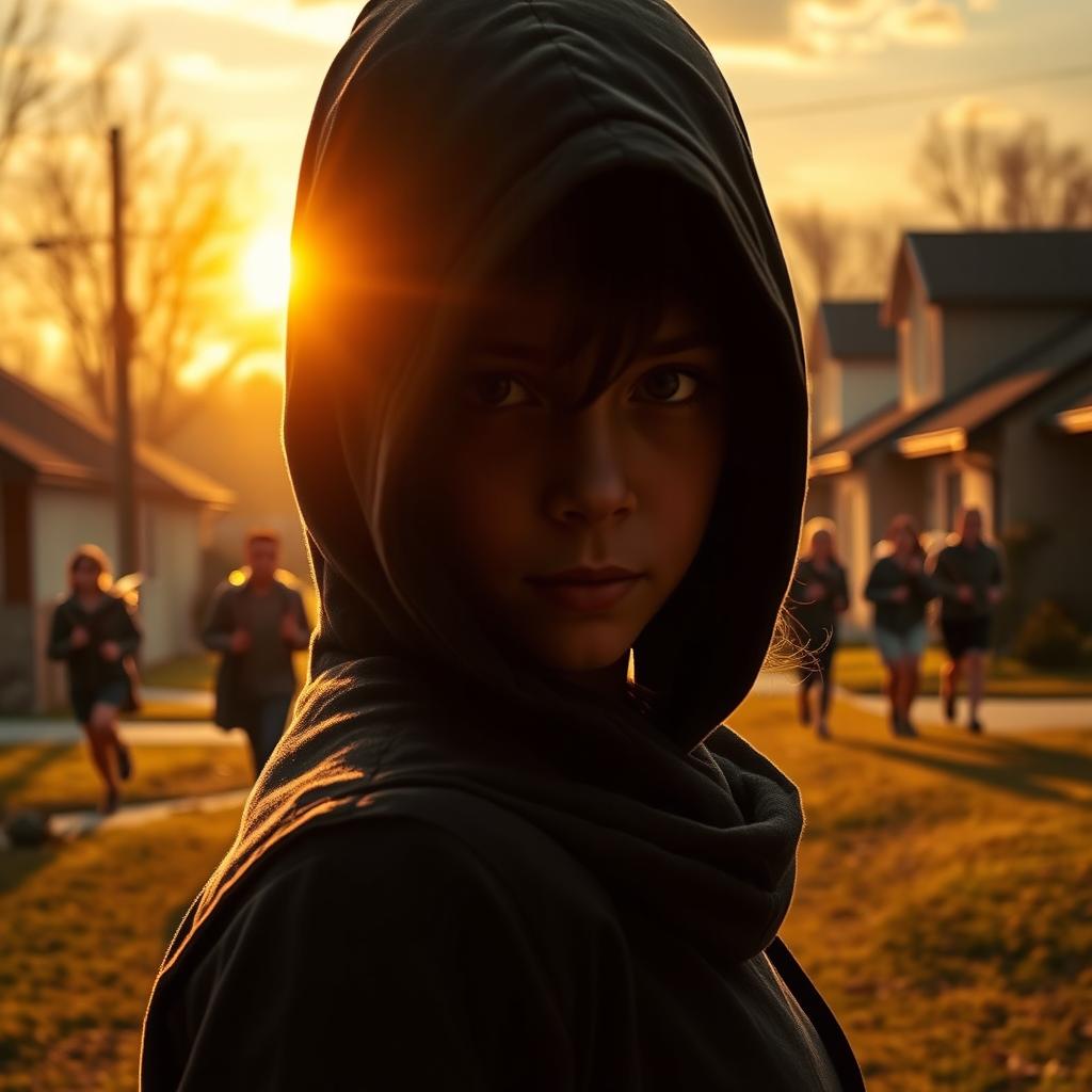 A captivating book cover featuring a sunset casting warm, golden hues over a mysterious neighborhood