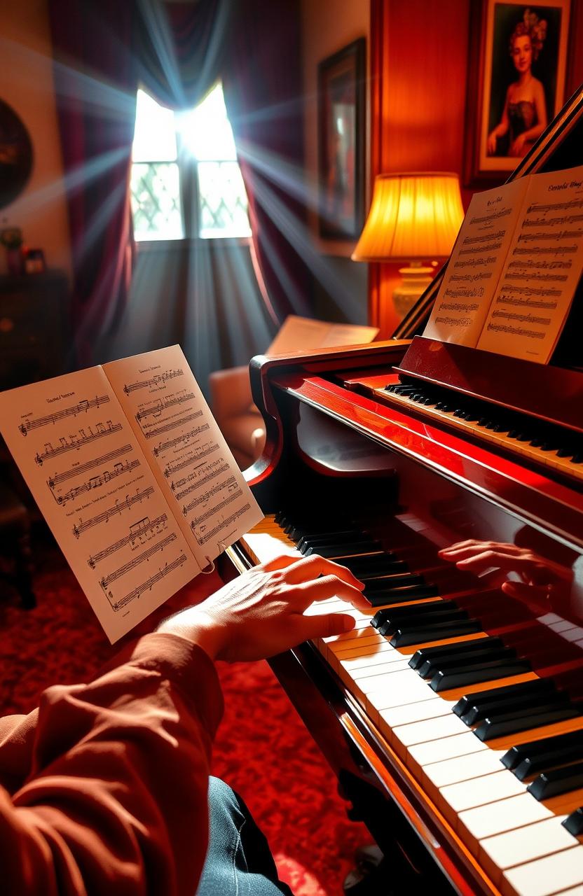 A grand piano set in a cozy, warmly lit room filled with the spirit of gospel music