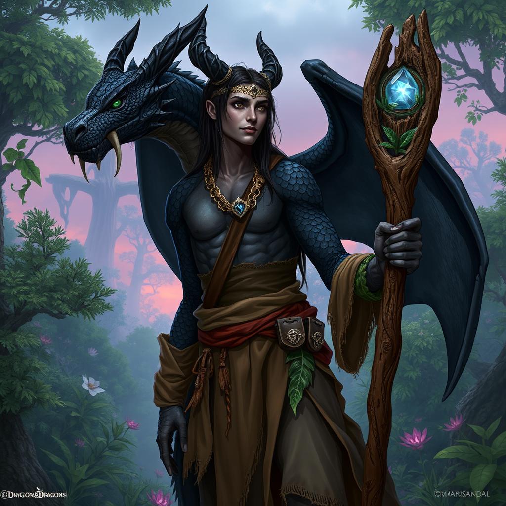A character concept of a Dungeons & Dragons druid who is a black dragonborn, showcasing their unique features and elements