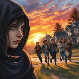 A realistic drawing style book cover featuring a stunning sunset illuminating a mysterious neighborhood