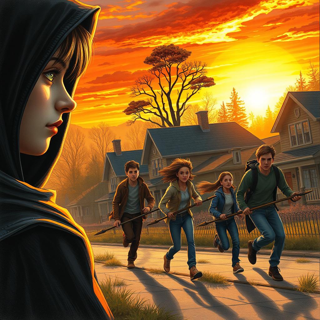 A realistic drawing style book cover featuring a stunning sunset illuminating a mysterious neighborhood