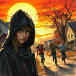A realistic drawing style book cover featuring a stunning sunset illuminating a mysterious neighborhood