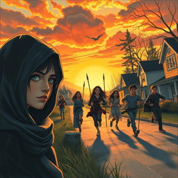 A realistic drawing style book cover featuring a stunning sunset illuminating a mysterious neighborhood