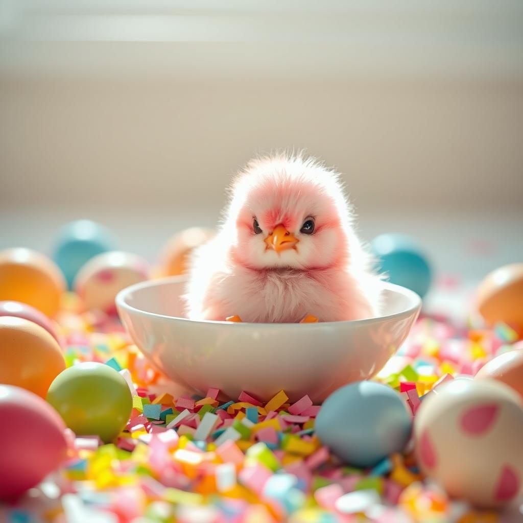 A cute, fluffy pink chick sitting in a white ceramic plate, surrounded by colorful confetti and vibrant easter eggs
