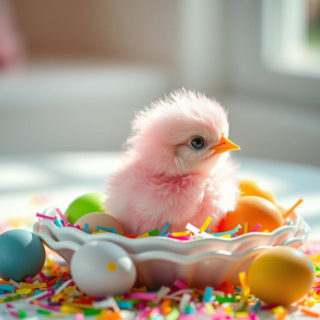 A cute, fluffy pink chick sitting in a white ceramic plate, surrounded by colorful confetti and vibrant easter eggs