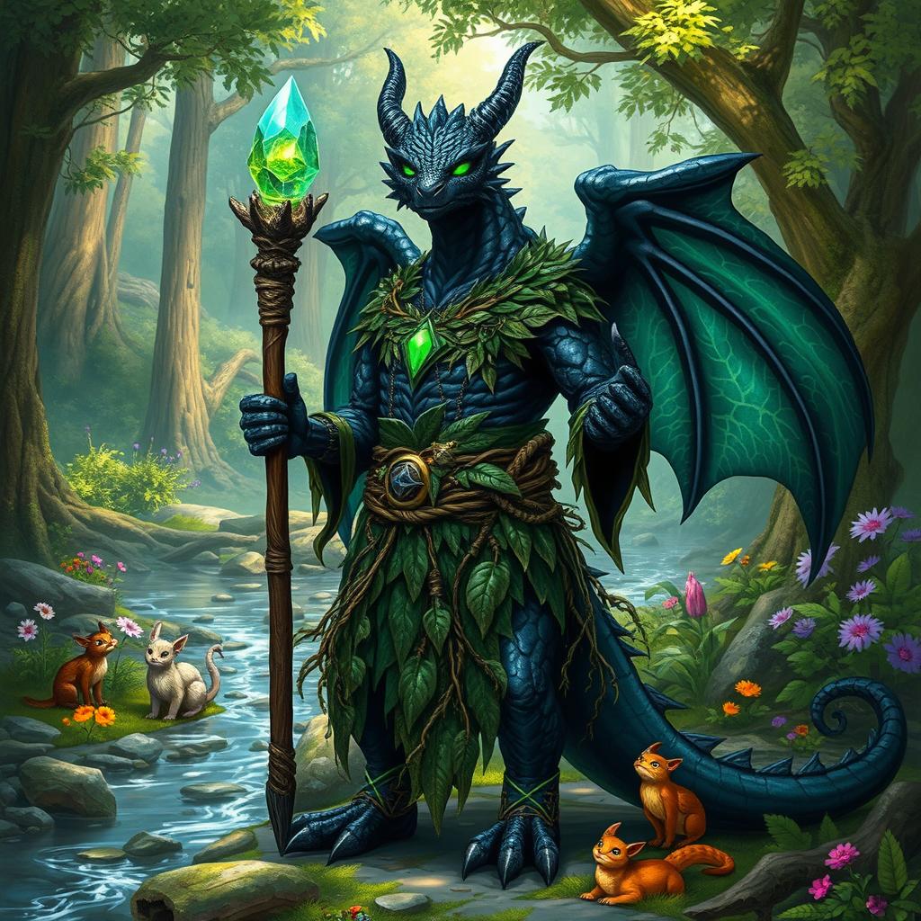 A powerful Dungeons and Dragons druid depicted as a black dragonborn, standing majestically in a lush, enchanted forest
