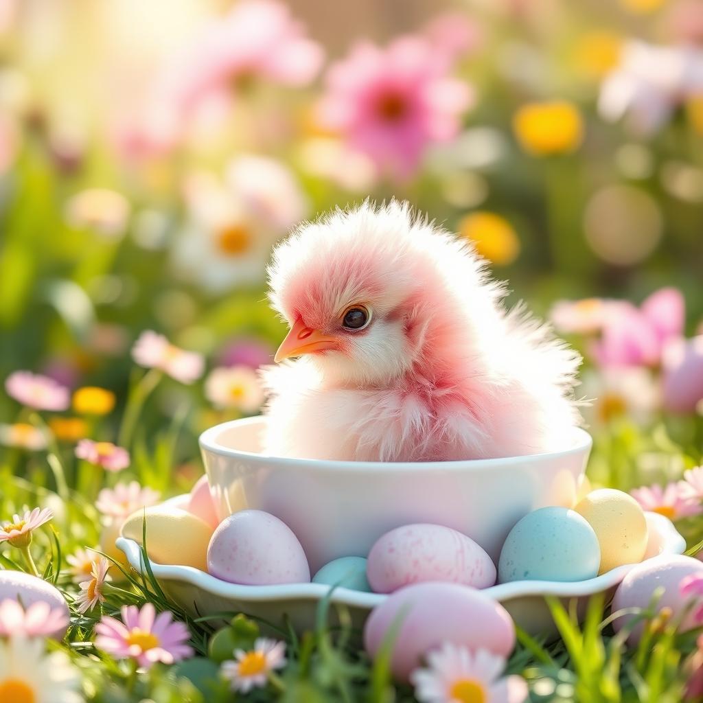 A cute, fluffy pink chick sitting in a white ceramic plate, surrounded by colorful Easter eggs in pastel colors, with a soft focus background of a sunny spring garden filled with blooming flowers and green grass, warm sunlight creating a cheerful atmosphere