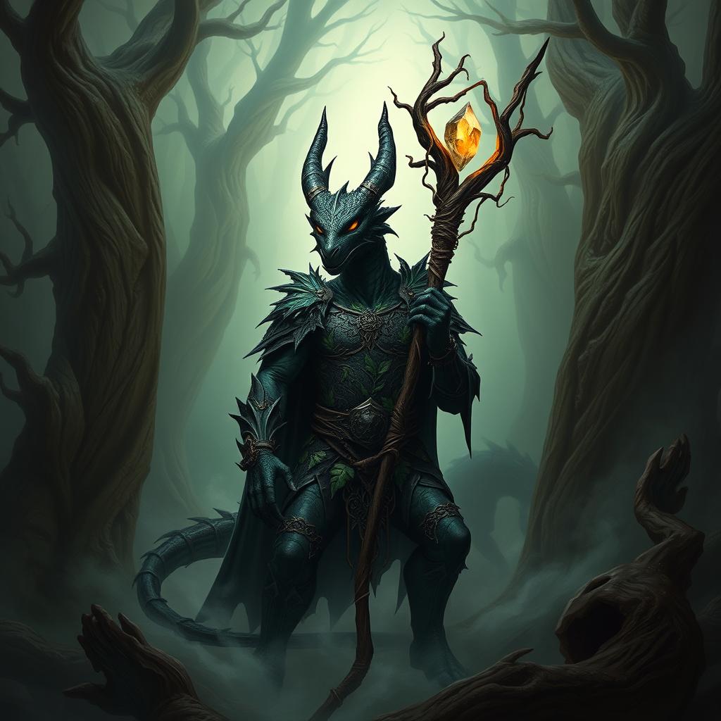 A dark and eerie landscape featuring an evil druid character, who is a black dragonborn