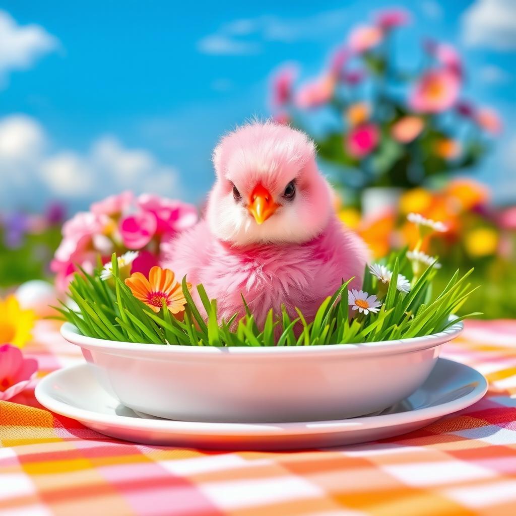 A cute pink chick sitting in a bright white plate, surrounded by fresh green grass and colorful flowers