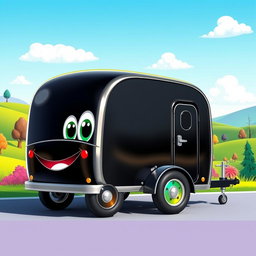 A sleek black cartoon trailer with a shiny, glossy surface that reflects light playfully