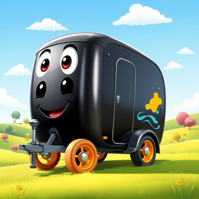 A sleek black cartoon trailer with a shiny, glossy surface that reflects light playfully