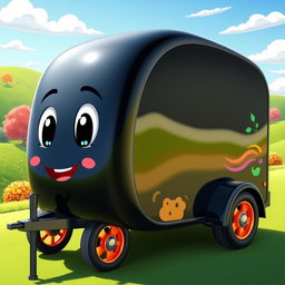 A sleek black cartoon trailer with a shiny, glossy surface that reflects light playfully