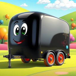 A sleek black cartoon trailer with a shiny, glossy surface that reflects light playfully