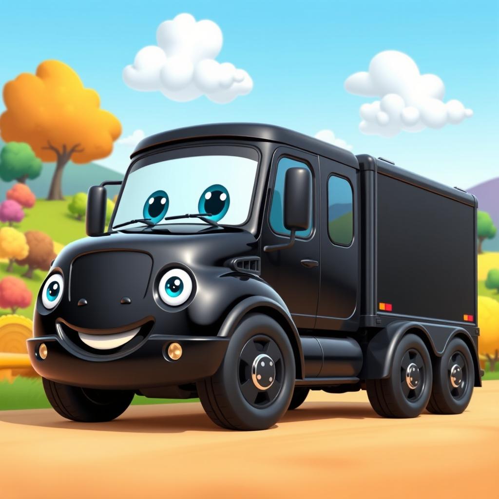 A sleek black cartoon trailer truck with a glossy, shiny finish